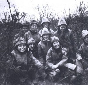 Spraying gang of land girls in the apple orchard at Cockayne-Hatley during the Second World War.