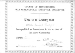 WLA Bedfordshire War Ag Forewoman's Course Grade 2 qualification certificate 12 Feb 1944 for Hilda Bright (Milton Ernest hostel)