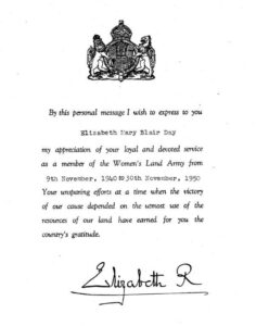 WLA-Congratulatory-letter-from-WLA-Patron-Queen-Elizabeth-consort-of-King-George-VI-to-long-service-land-girl-30-Nov-1950