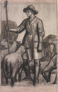 The Sheperdess. a full length portrait of a woman in a Women's Land army uniform, holding a crook, amongst a flock of sheep. By R Schwabe. Source: IWM ART 1181