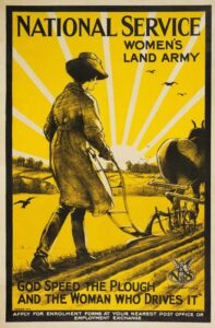 God Speed the Plough and the Woman Who Drives It. Land Girl, full-length figure, in uniform and hat, guiding a horse-drawn plough to right. Source: Art.IWM PST 5996, 1917