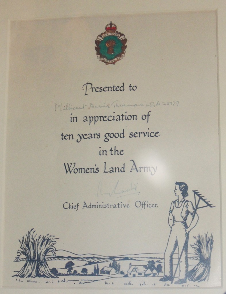 10 Years Good Service Certificate awarded to Land Girls in World War Two. Source: Gressenhall Farm and Workhouse