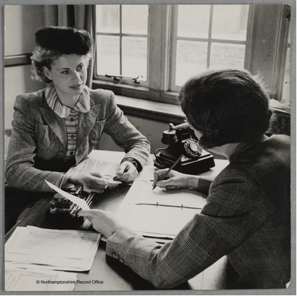 Iris Joyce leaving her office for an interview at Northamptonshire Institute of Agriculture.
Source: D8793, Northamptonshire Record Office. Courtesy of Dr David Wilson.
