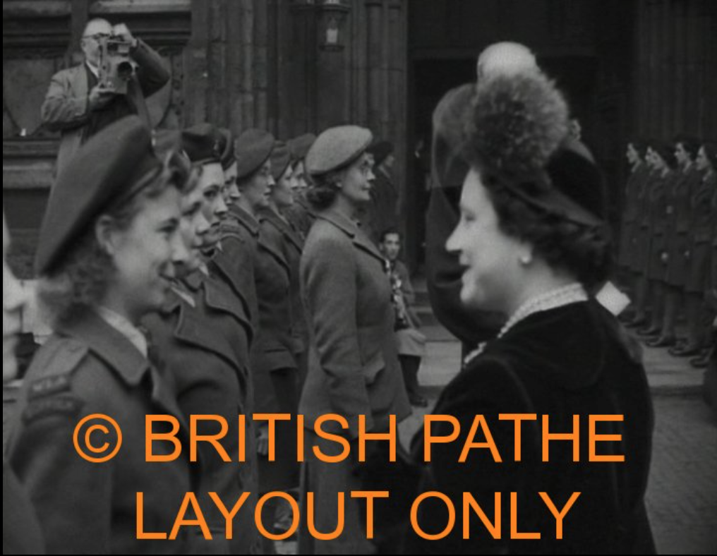 Her Majesty Queen Elizabeth The Queen Mother, talking with a member of the Women's Land Army at the Harvest Festival In Westminster Abbey, 01/11/1948. Click on the image for a link to the full video.