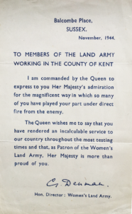 Letter to Kent Land Girls From Lady Denman