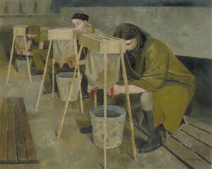 Milking Practice with Artificial Udders, by Evelyn Dunbar Source: Art.IWM ART LD 766