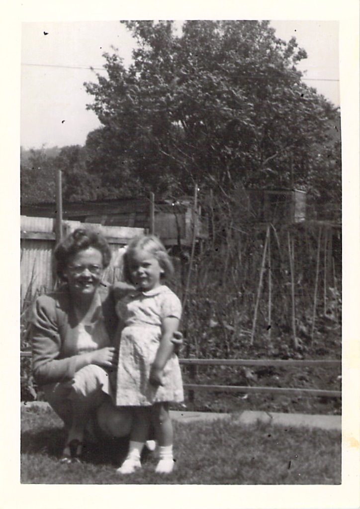 Hilda and June in the garden, at Wootton-u-Edge, 1943.