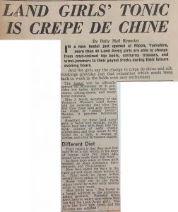 An article reporting on the opening of the YWCA hostel at Ripon on 6th November 1941. Memoirs of other hostel Land Girls from other parts of the country certainly didn’t speak of such favourable catering arrangements.